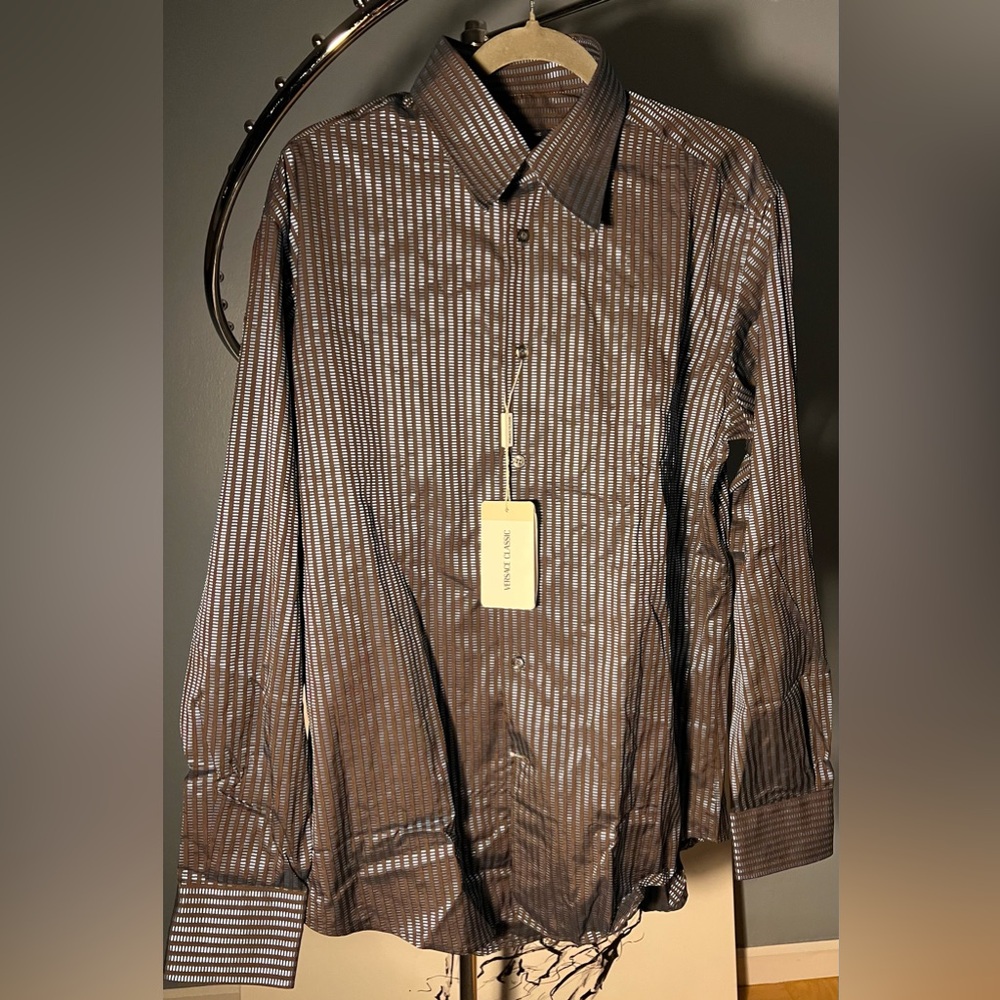 Vintage Versace Classic Brown and Blue Striped Men’s Dress Shirt | NWT